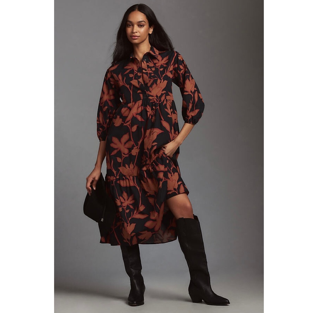 Anthropologie Maeve Bettina Tiered Shirtdress, black & orange, size L, EUC